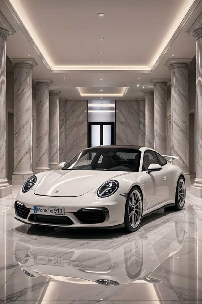 Luxury white Porsche 911 in elegant marble-floored showroom with columns and modern lighting.