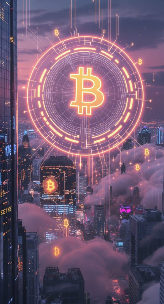 🌐 Канал с криптоновостями AI и трендами Web3 ↓ Futuristic cityscape with glowing Bitcoin symbols in the sky, representing digital currency and blockchain technology. | Sky Rye Design Futuristic cityscape with glowing Bitcoin symbols in the sky, representing digital currency and blockchain technology.