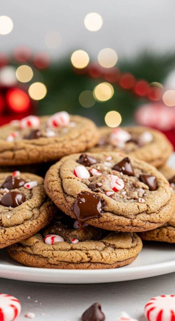 Festive chocolate chip cookies topped with peppermint candy, perfect for holiday gatherings.