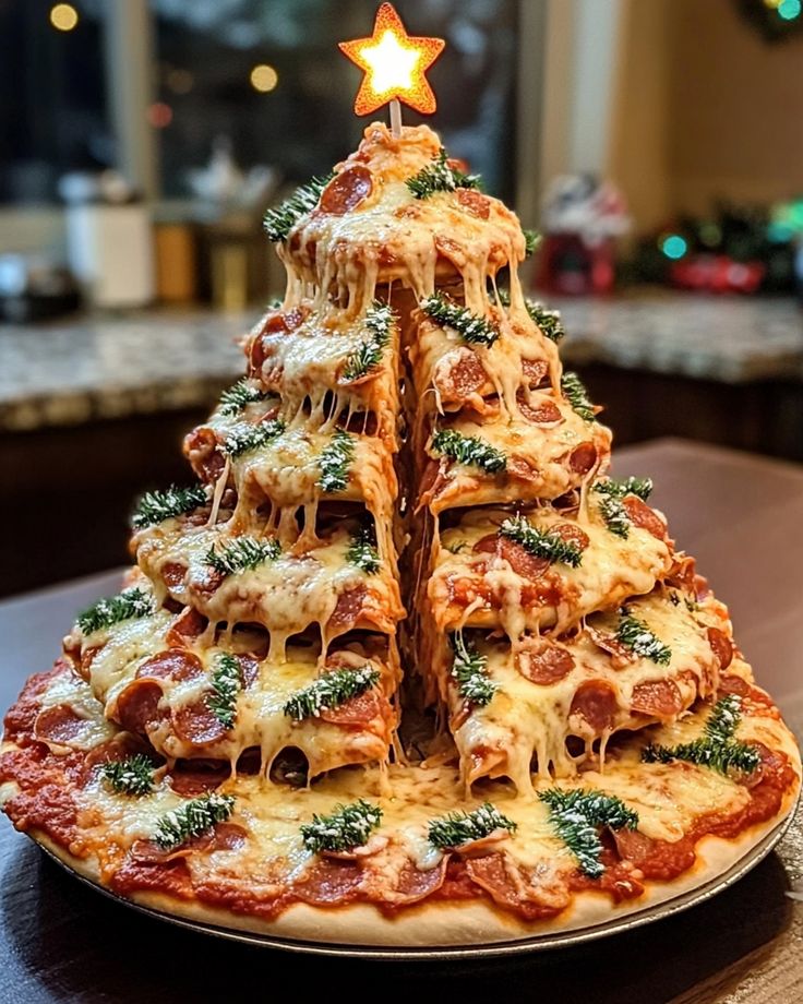 Pizza slices stacked in a festive tree shape, topped with melted cheese and pepperoni, star decoration on top.