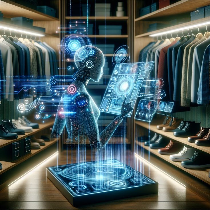 Futuristic AI hologram in a modern closet, interacting with digital screens and organizing clothes.
