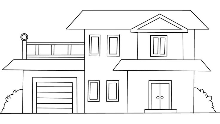 Outline of a two-story house with garage and balcony, perfect for coloring pages or architectural design reviews.