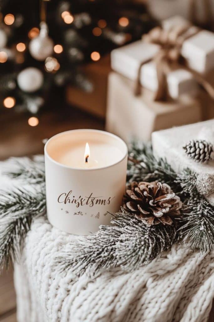 Cozy Christmas scene with a lit candle, pine cones, presents, and a decorated tree in the background.