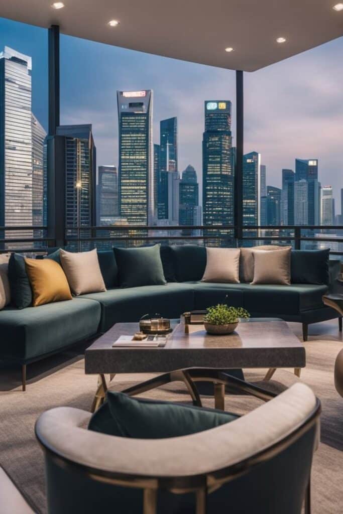 Modern rooftop lounge with city skyline view, evening ambiance, cozy seating, and elegant decor.