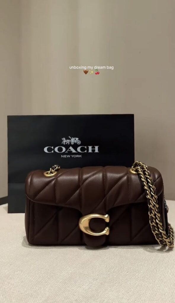 Luxurious brown Coach handbag with gold chain and clasp, displayed in front of branded shopping bag.