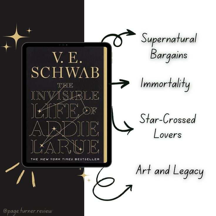 📚 Book Name_ The Invisible Life of Addie LaRue by Book cover of The Invisible Life of Addie LaRue by V.E. Schwab with themes: immortality, art, love, supernatural. | Sky Rye Design Book cover of The Invisible Life of Addie LaRue by V.E. Schwab with themes: immortality, art, love, supernatural.