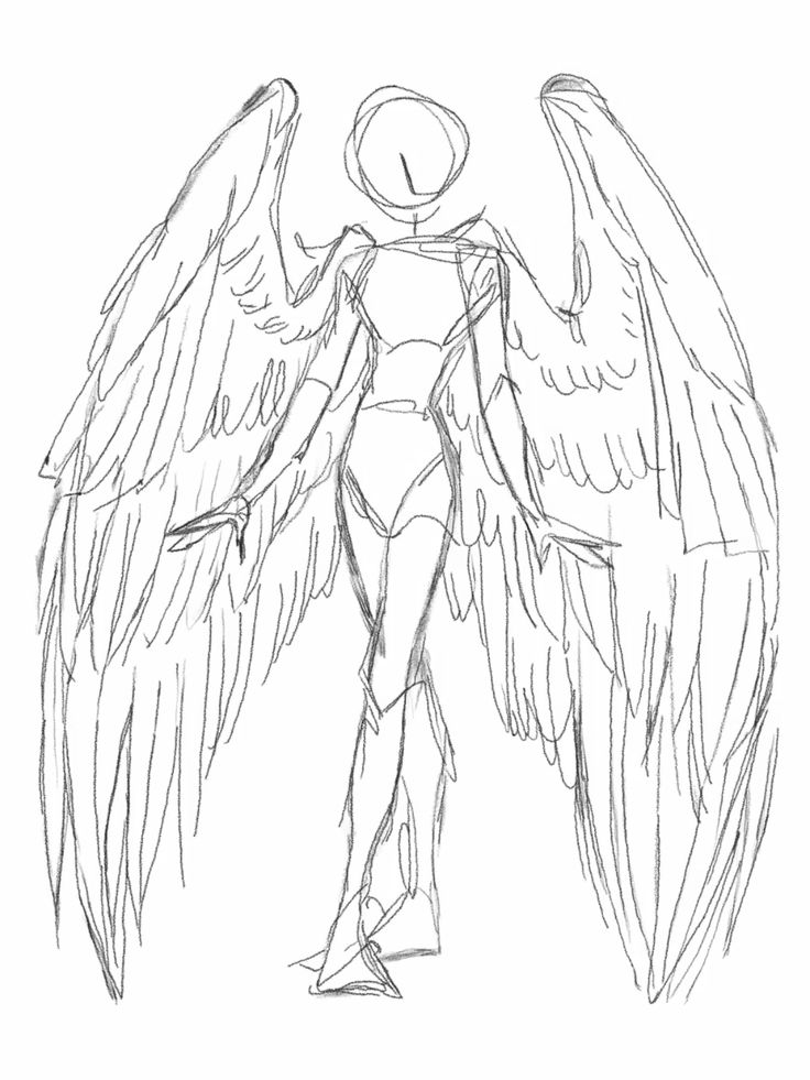 Sketch of an angelic figure with large wings, viewed from behind, in a minimalist pencil drawing style.