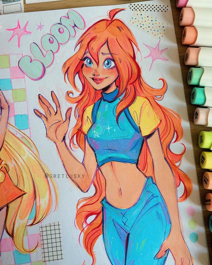 © gretlusky Vibrant anime-style illustration of a girl with orange hair waving, wearing a colorful outfit. Art supplies visible on the side. | Sky Rye Design Vibrant anime-style illustration of a girl with orange hair waving, wearing a colorful outfit. Art supplies visible on the side.