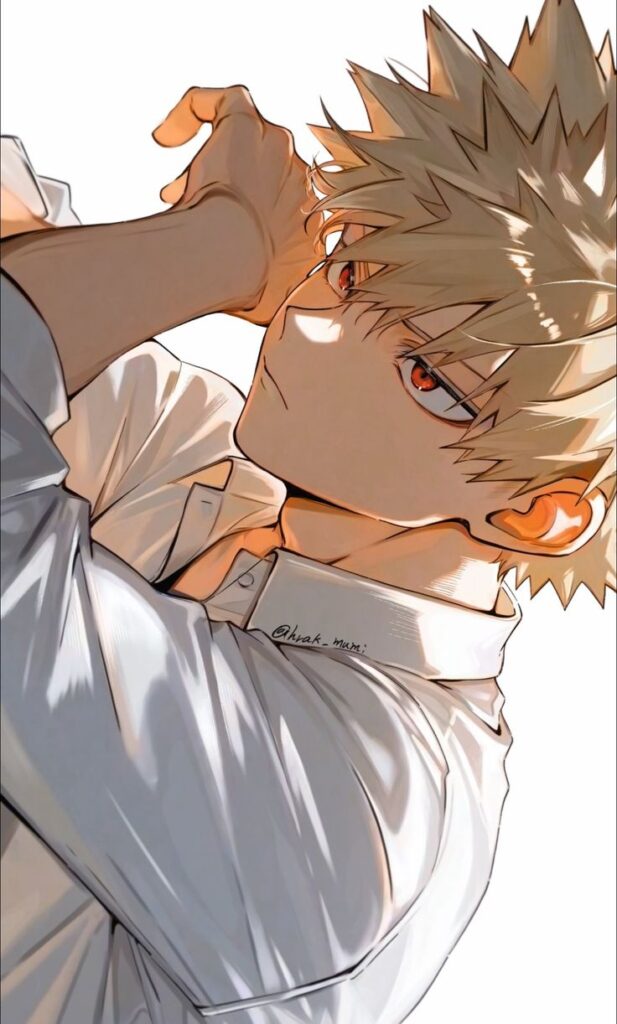 ˙⊹ ੈ✰┆𝑲𝒂𝒕𝒔𝒖𝒌𝒊 𝒃𝒂𝒌𝒖𝒈𝒐 Anime character with spiky hair and white shirt looking thoughtful, resting head on arm. Captivating and reflective expression. | Sky Rye Design Anime character with spiky hair and white shirt looking thoughtful, resting head on arm. Captivating and reflective expression.