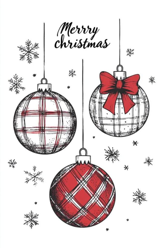 Иллюстрация из midjourney Merry Christmas text with three plaid holiday ornaments and snowflakes on white background. Festive holiday decoration illustration. | Sky Rye Design Merry Christmas text with three plaid holiday ornaments and snowflakes on white background. Festive holiday decoration illustration.