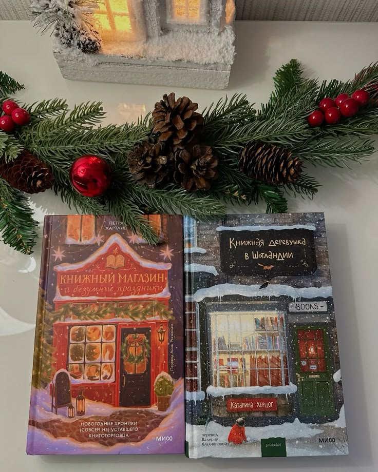 Кажется пора заряжаться новогодним настроением 😌🎄 atmosphere wintertime books booklover_ Two festive books with snowy covers on a table, adorned with pine cones, red berries, and holiday greenery, create a cozy winter atmosphere. | Sky Rye Design Two festive books with snowy covers on a table, adorned with pine cones, red berries, and holiday greenery, create a cozy winter atmosphere.