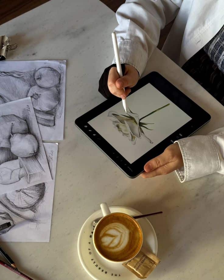 Как я узнала о клубе Программа А annastroclub Artist drawing a white rose on a tablet, sketches and a cappuccino with latte art on a marble table. | Sky Rye Design Artist drawing a white rose on a tablet, sketches and a cappuccino with latte art on a marble table.