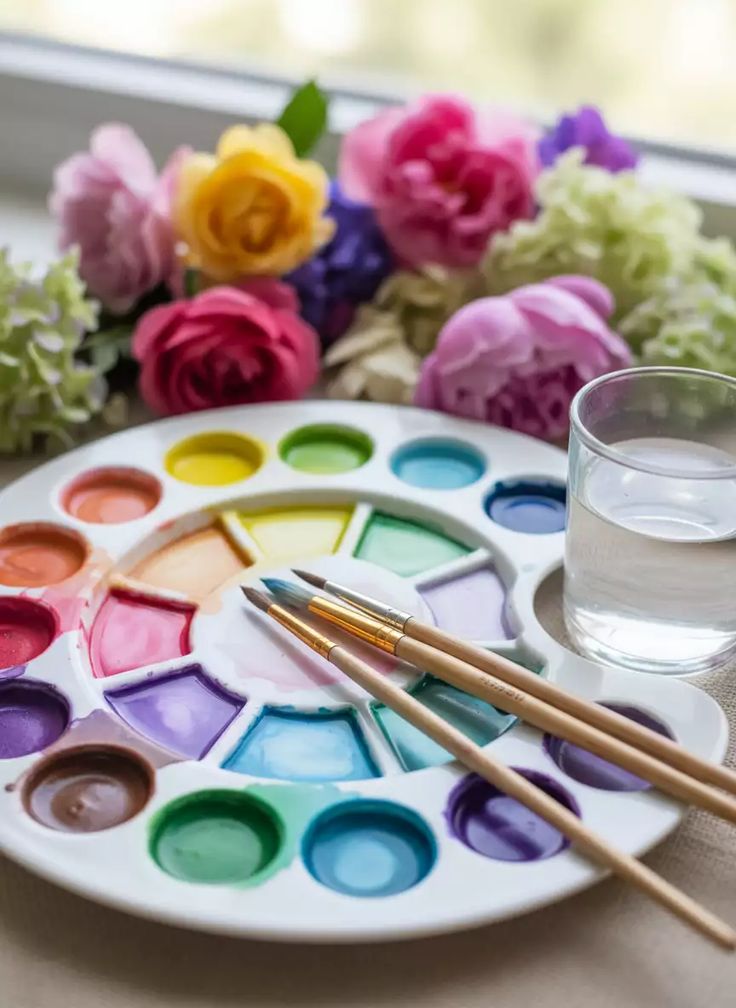 Palette with watercolor paints and brushes on a table, surrounded by colorful flowers, next to a glass of water, ideal for art projects.