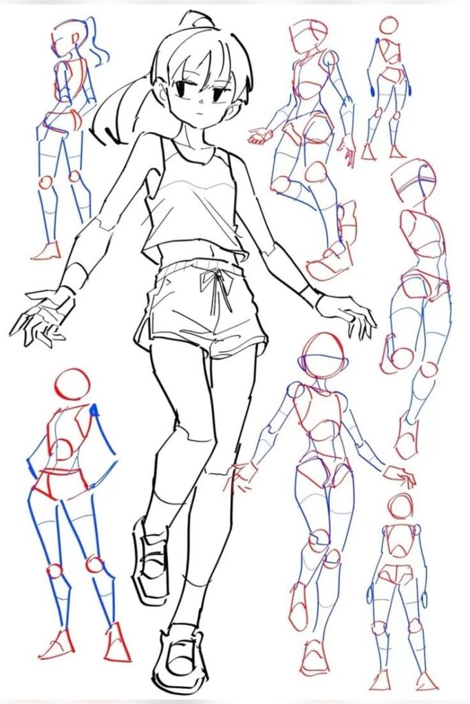 Позы Anime character sketching tutorial showing step-by-step poses and anatomy guides for drawing dynamic figures. | Sky Rye Design Anime character sketching tutorial showing step-by-step poses and anatomy guides for drawing dynamic figures.