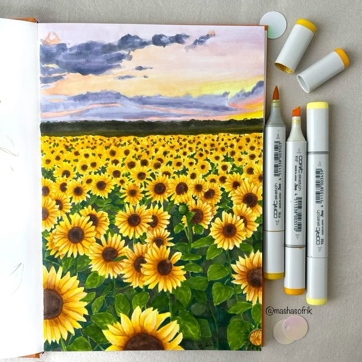 Поле подсолнухов 🌻 Illustration of a vibrant sunflower field at sunset, with markers used for drawing alongside. | Sky Rye Design Illustration of a vibrant sunflower field at sunset, with markers used for drawing alongside.