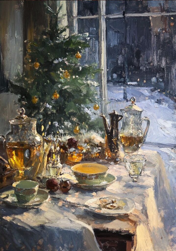 Раз в Крещенский вечерок_ Cozy holiday scene with a decorated Christmas tree by a window, festive table setting featuring tea, and a snowy view outside. | Sky Rye Design Cozy holiday scene with a decorated Christmas tree by a window, festive table setting featuring tea, and a snowy view outside.