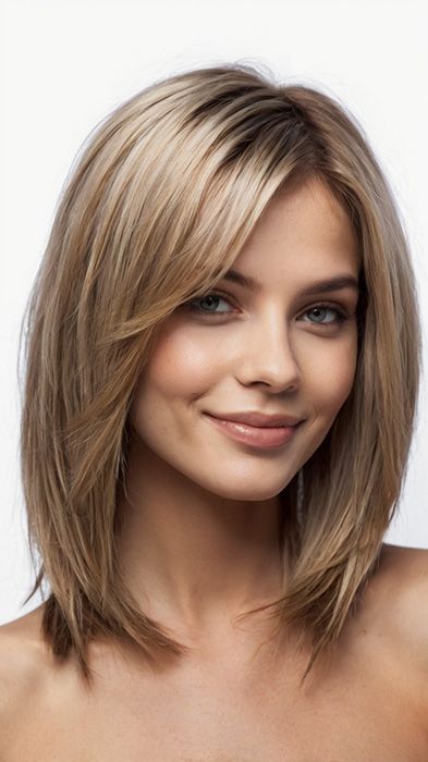Стрижки придающие объем коротким длинным и волосам средней длины Smiling woman with shoulder-length blonde hair and subtle makeup on a white background. | Sky Rye Design Smiling woman with shoulder-length blonde hair and subtle makeup on a white background.