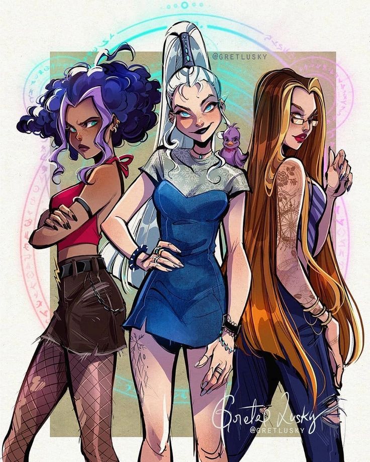 Трикс_🧙🏻_♀️ Stylized illustration of three women with colorful outfits and distinct hairstyles, showcasing modern fashion and artistic flair. | Sky Rye Design Stylized illustration of three women with colorful outfits and distinct hairstyles, showcasing modern fashion and artistic flair.