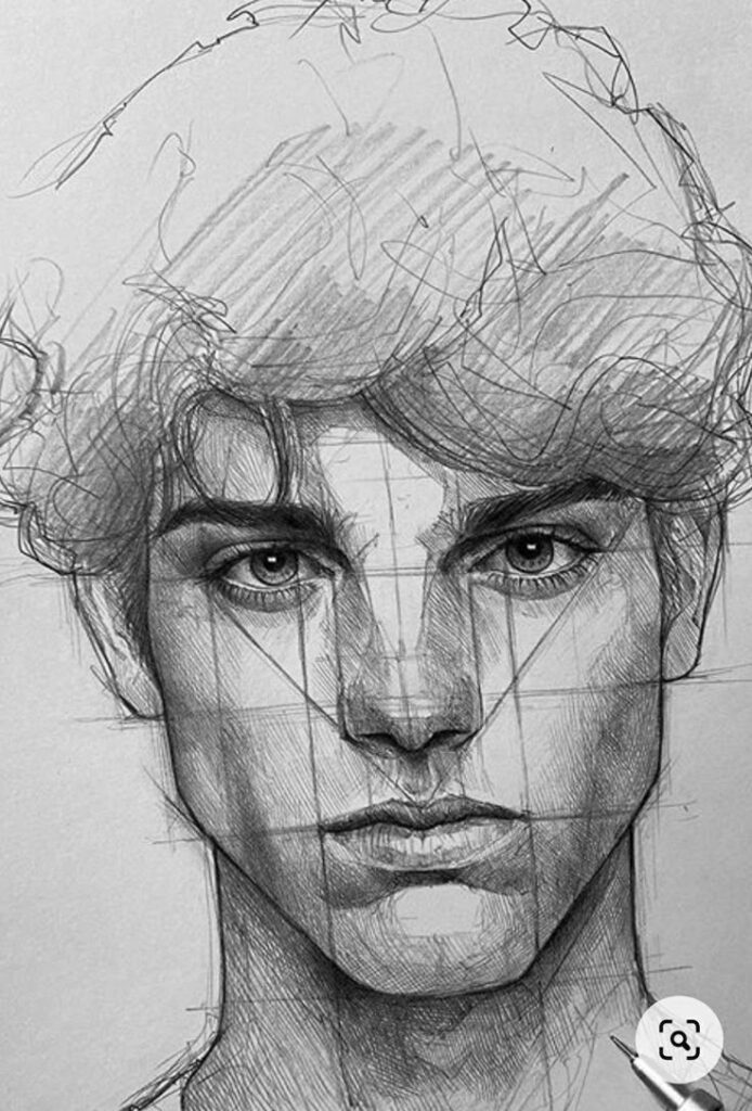 вамяывмы Sketch of a man's face with detailed shading, displaying geometric guidelines, illustrating drawing techniques. | Sky Rye Design Sketch of a man's face with detailed shading, displaying geometric guidelines, illustrating drawing techniques.
