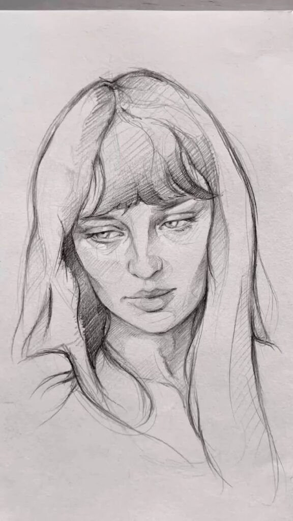 вяпивякпв Pencil sketch of a woman with long hair and a thoughtful expression, drawn on white paper. | Sky Rye Design Pencil sketch of a woman with long hair and a thoughtful expression, drawn on white paper.