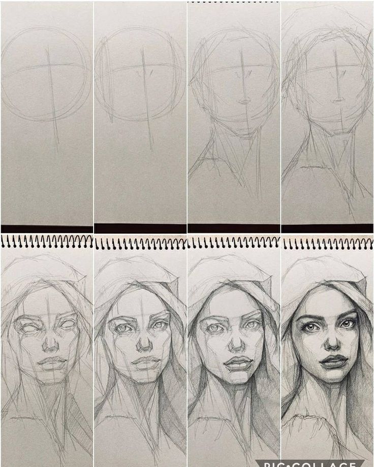 гоипргш Step-by-step guide on sketching a female face from basic shapes to detailed portrait in pencil. | Sky Rye Design Step-by-step guide on sketching a female face from basic shapes to detailed portrait in pencil.