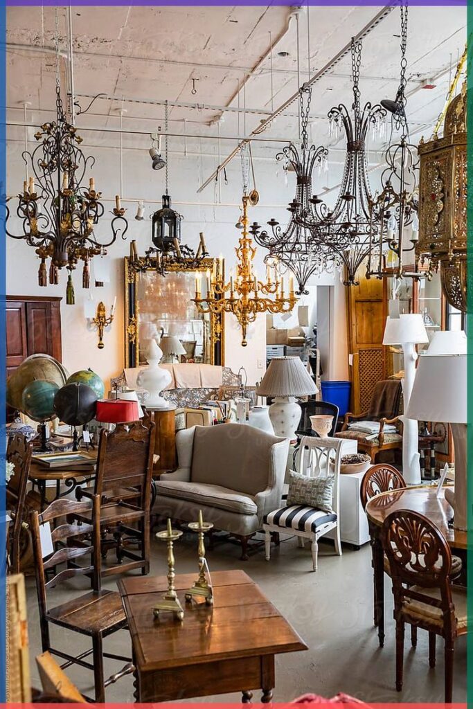 завантаження Vintage furniture store with chandeliers, globes, mirrors, and chairs, showcasing eclectic antique decor items. | Sky Rye Design Vintage furniture store with chandeliers, globes, mirrors, and chairs, showcasing eclectic antique decor items.