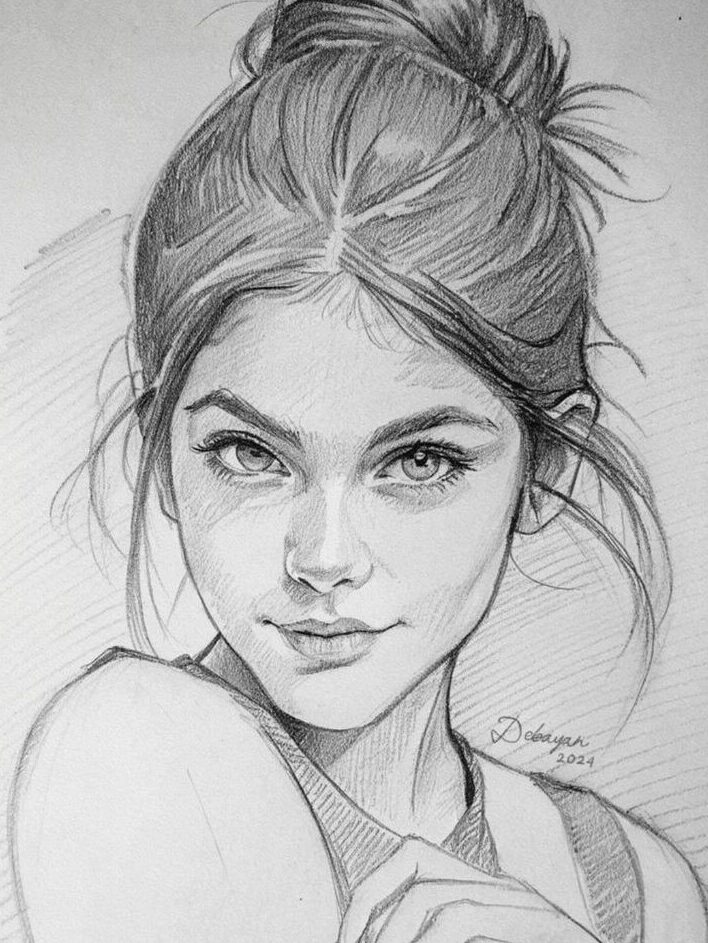 квяерпяукпу Pencil sketch of a woman with a bun hairstyle, detailed eyes, and a slight smile. | Sky Rye Design Pencil sketch of a woman with a bun hairstyle, detailed eyes, and a slight smile.