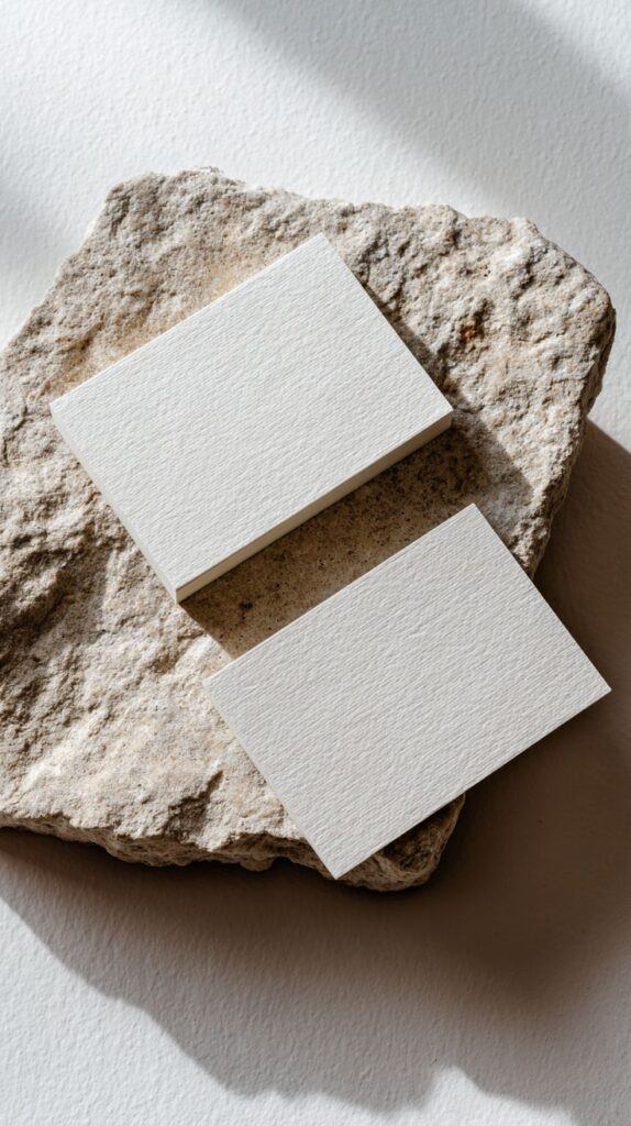 мокап визитки Two blank business cards on textured rock under natural light. | Sky Rye Design Two blank business cards on textured rock under natural light.