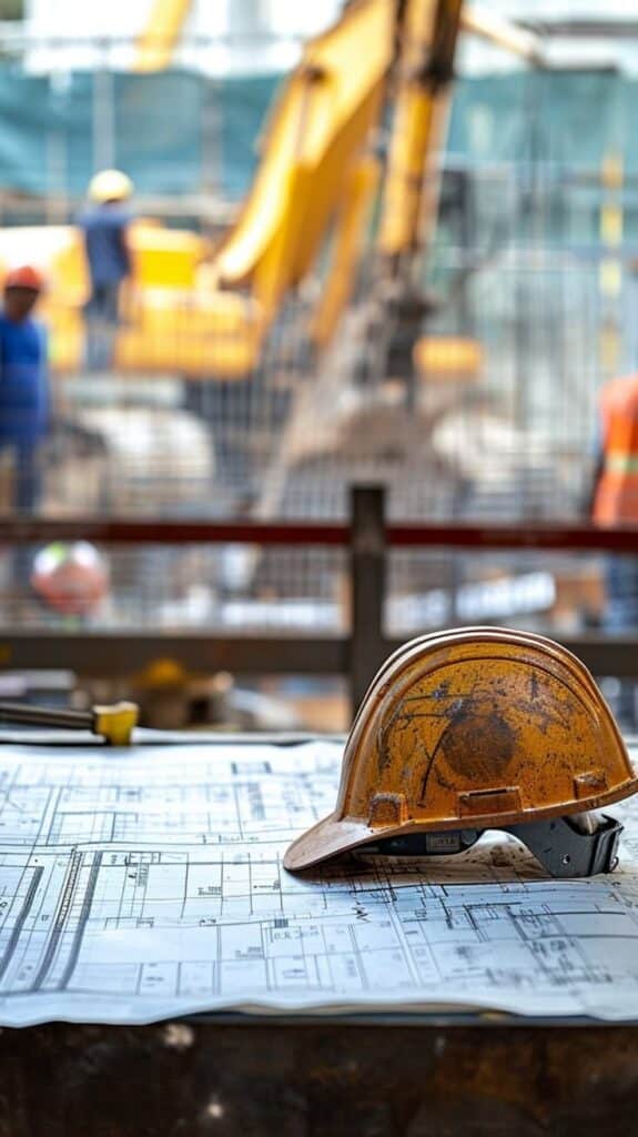 фвамЫ Construction blueprint with safety helmet on site; blurred background with workers and machinery. | Sky Rye Design Construction blueprint with safety helmet on site; blurred background with workers and machinery.
