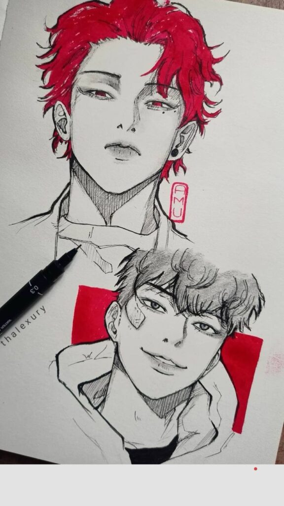 Illustrated characters with red and black hair, detailed expressive faces, artistic pen sketch style.