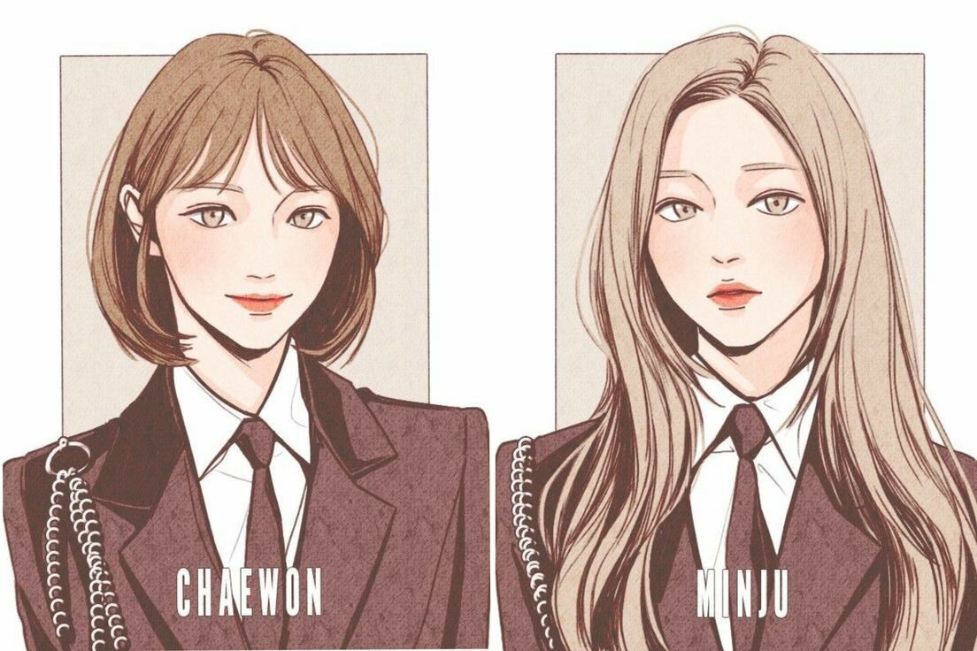Illustrated portraits of two women in suits featuring names Chaewon and Minju.