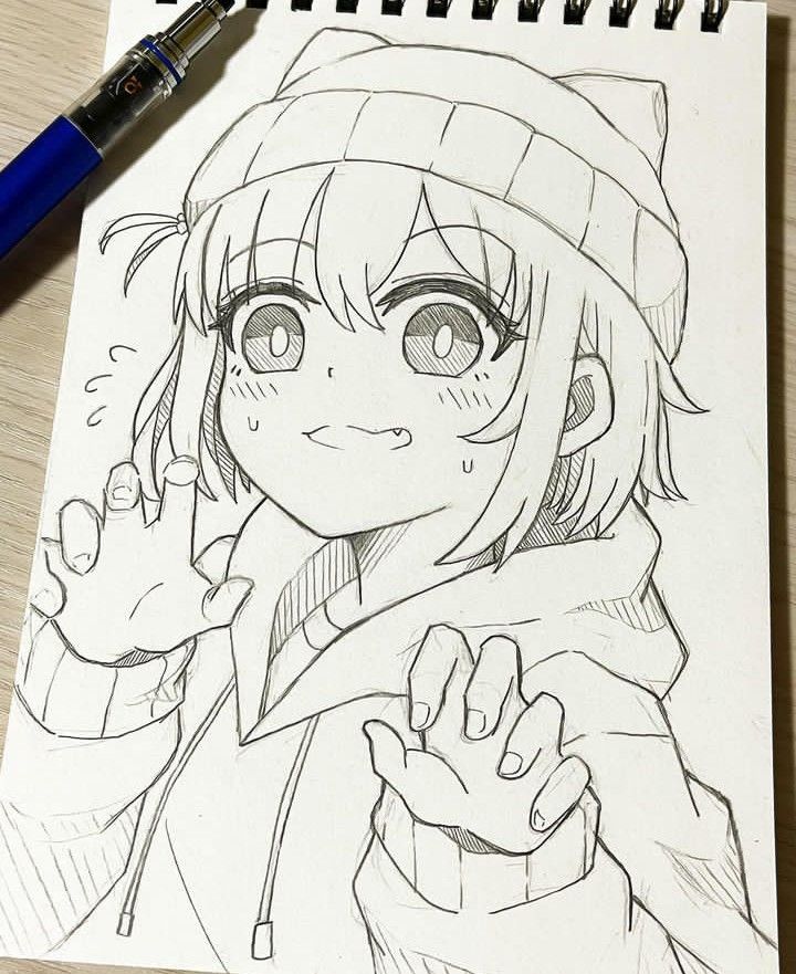 Anime sketch of a cheerful character with a beanie and hoodie, holding up hands in a playful pose.