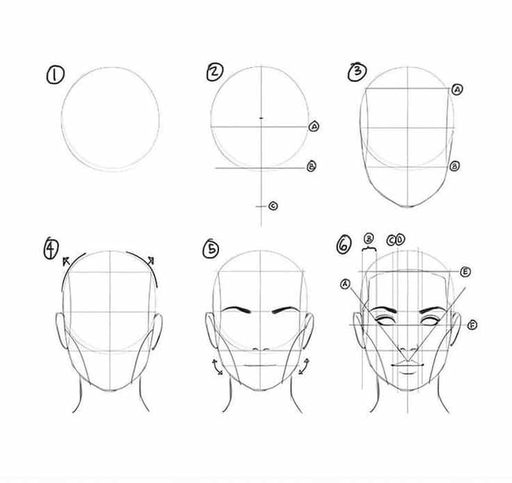Screenshot Step-by-step guide for drawing a male face: circle, guidelines, jawline, ears, eyes, and facial features. | Sky Rye Design Step-by-step guide for drawing a male face: circle, guidelines, jawline, ears, eyes, and facial features.