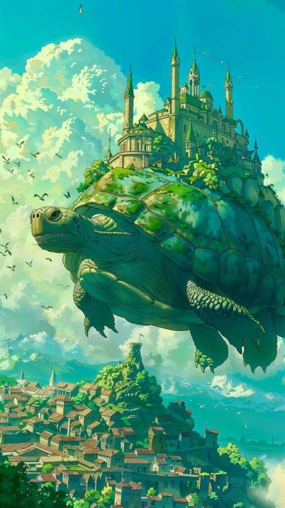 ๑☘𝑾𝒂𝒍𝒍𝒑𝒂𝒑𝒆𝒓_ ̗̀➛ Majestic turtle carrying an enchanted castle through the sky over a medieval town, surrounded by clouds and birds. Fantasy art. | Sky Rye Design Majestic turtle carrying an enchanted castle through the sky over a medieval town, surrounded by clouds and birds. Fantasy art.