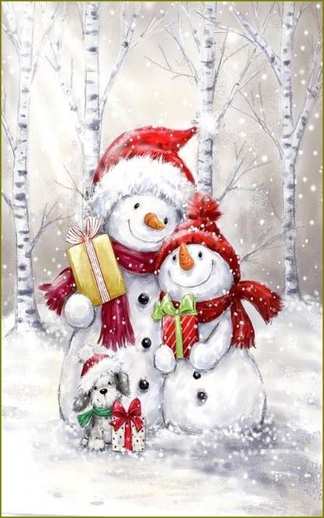 ⛄️ Festive snowman family with gifts and a puppy in a snowy birch forest, celebrating Christmas with red hats and scarves. | Sky Rye Design Festive snowman family with gifts and a puppy in a snowy birch forest, celebrating Christmas with red hats and scarves.