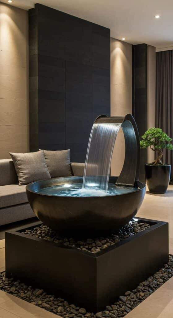 💧 Serene Indoor Water Fountain with Modern Design ✨ Modern indoor water fountain flowing into a sleek black basin, surrounded by stones in a stylish living room. | Sky Rye Design Modern indoor water fountain flowing into a sleek black basin, surrounded by stones in a stylish living room.
