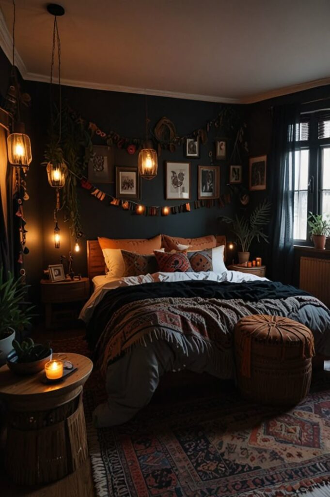 🔥 Dark Boho Bedroom Ideas for a Modern Edge Cozy bohemian bedroom with warm lighting, patterned bedding, and wall art, creating a serene and stylish atmosphere for relaxation. | Sky Rye Design Cozy bohemian bedroom with warm lighting, patterned bedding, and wall art, creating a serene and stylish atmosphere for relaxation.