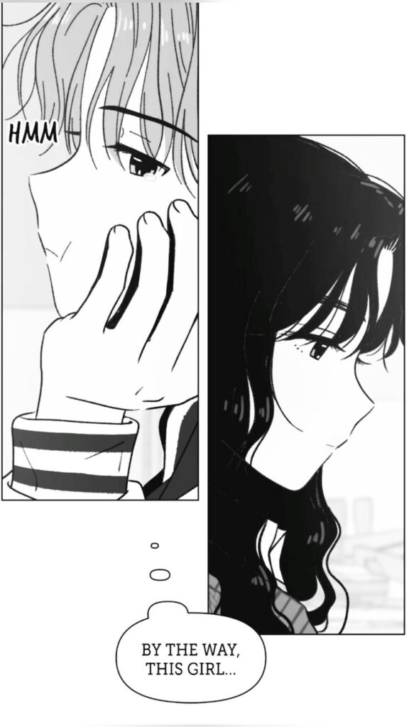 Two manga characters in thought, one with a curious expression, the other serene. Text reads, By the way, this girl...