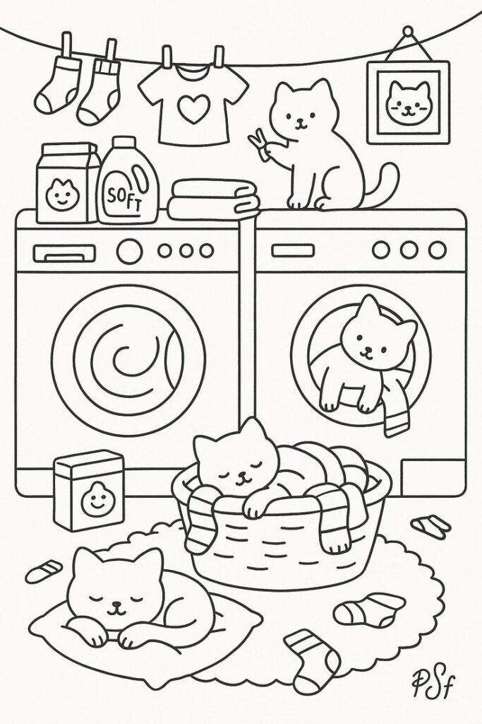 Cute cats playing in laundry room with washing machines, socks, and detergent. Line art illustration.