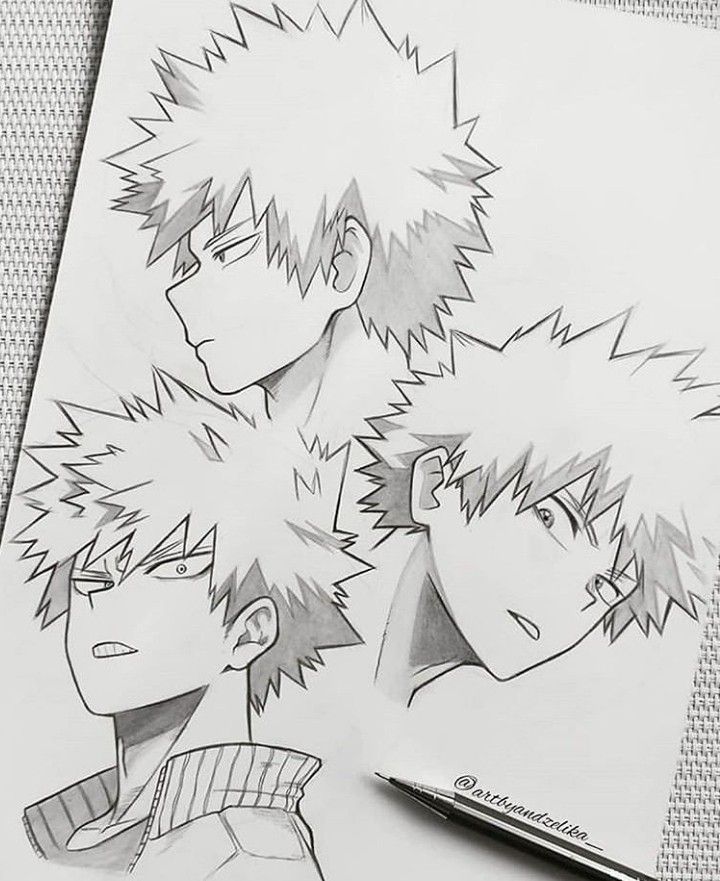 Anime character sketch featuring spiky-haired figure in three angles, showcasing artistic shading and detail on a textured paper surface.