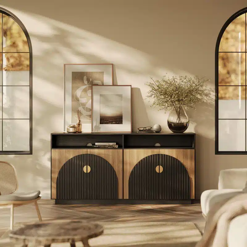 014-HG-41033-CAM_03_f9620220-3668-48da-a8f8-df4c31f44aa7 Modern living room with arch windows, wooden sideboard, framed artwork, and decorative vase, bathed in warm, natural light. | Sky Rye Design Modern living room with arch windows, wooden sideboard, framed artwork, and decorative vase, bathed in warm, natural light.