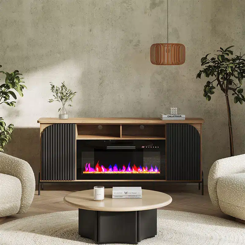 014-HG-41862-CAM_01d Modern living room with an electric fireplace, wooden console, and cozy seating, creating a warm, inviting atmosphere with natural decor. | Sky Rye Design Modern living room with an electric fireplace, wooden console, and cozy seating, creating a warm, inviting atmosphere with natural decor.