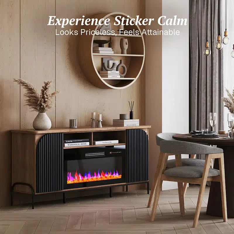 014-HG-41862-CAM_03d_062620a5-f072-4beb-817a-5af764bf1356 Modern living room with stylish wooden furniture, electric fireplace, and round wall shelf for a cozy ambiance. | Sky Rye Design Modern living room with stylish wooden furniture, electric fireplace, and round wall shelf for a cozy ambiance.