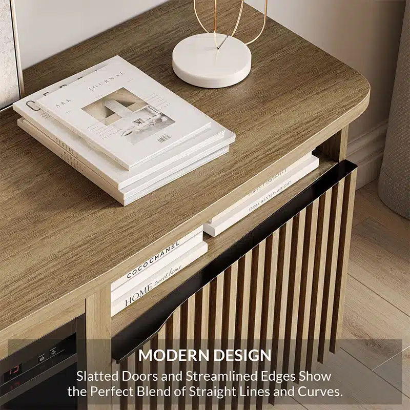 014-HG-41880-HT-CAM_04d Modern wooden sideboard with slatted doors, books, and a minimalist decor piece on top, highlighting sleek, streamlined design elements. | Sky Rye Design Modern wooden sideboard with slatted doors, books, and a minimalist decor piece on top, highlighting sleek, streamlined design elements.