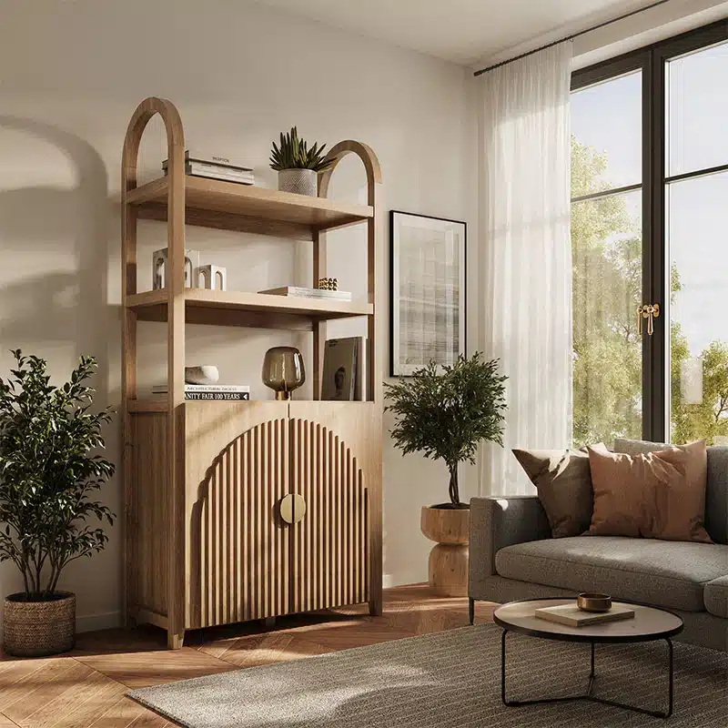 014-HG-43513-CAB_01d Modern living room with wooden cabinet, gray sofa, round coffee table, and potted plants by a large window with sheer curtains. | Sky Rye Design Modern living room with wooden cabinet, gray sofa, round coffee table, and potted plants by a large window with sheer curtains.