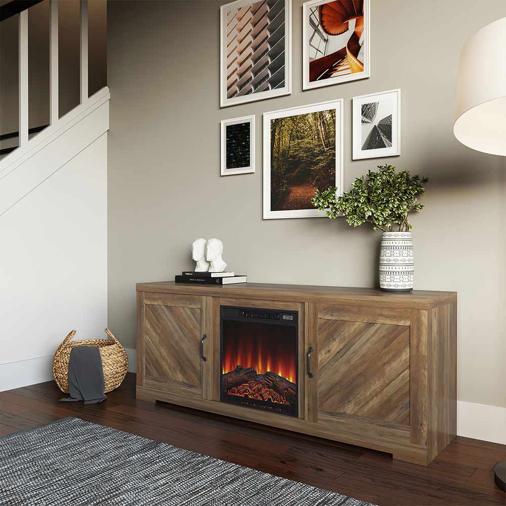 014-hg-41002-ht-rus_2d Wooden TV stand with built-in electric fireplace, framed art, and potted plant in modern living room interior. | Sky Rye Design Wooden TV stand with built-in electric fireplace, framed art, and potted plant in modern living room interior.
