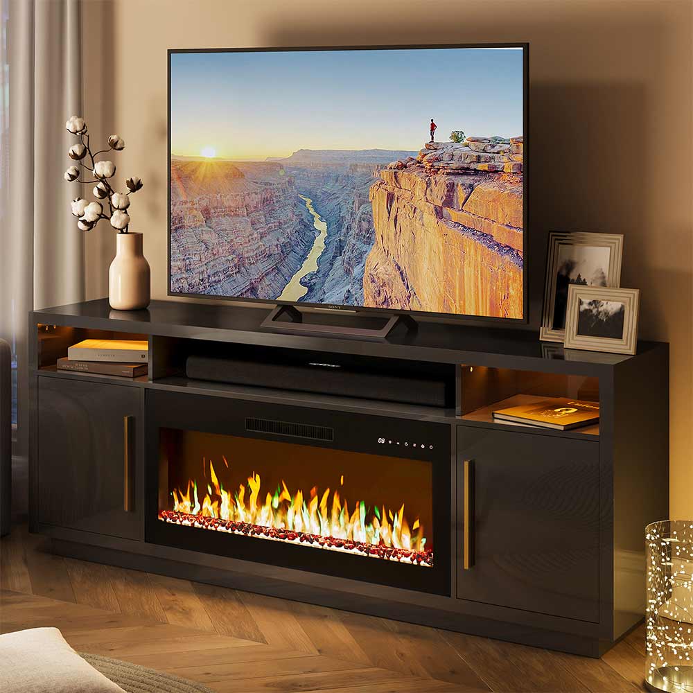 014-hg-41890-bk_01d Modern TV stand with a sleek electric fireplace, displaying a scenic canyon image on the screen, perfect for stylish home decor. | Sky Rye Design Modern TV stand with a sleek electric fireplace, displaying a scenic canyon image on the screen, perfect for stylish home decor.
