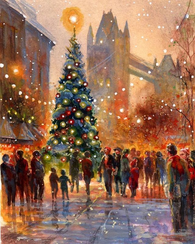 018fb88c-bcbb-4940-80a4-88ef76c4d928 Festive winter scene with a decorated Christmas tree, surrounded by people in a snowy city street, glowing lights reflecting on the ground. | Sky Rye Design Festive winter scene with a decorated Christmas tree, surrounded by people in a snowy city street, glowing lights reflecting on the ground.