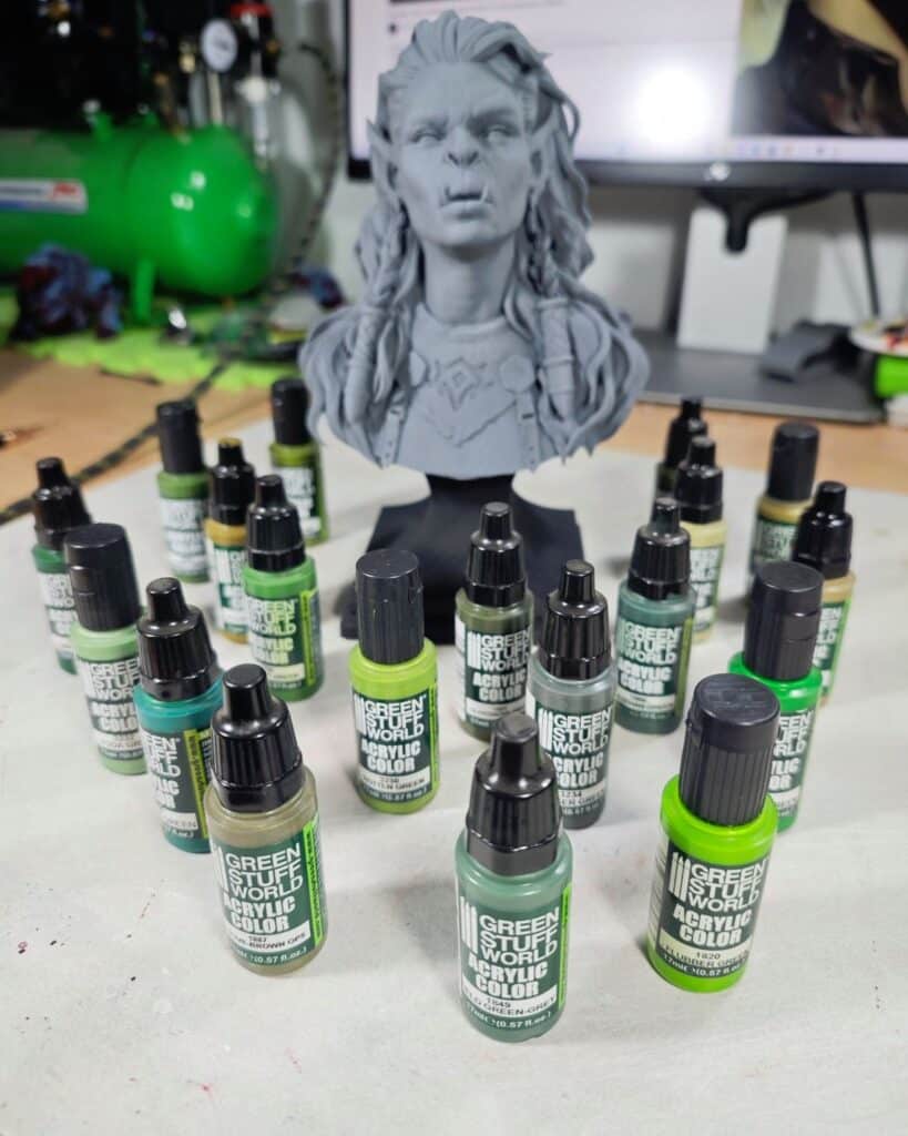 02c760307b0d0feae1f3b5e13f66f1c3 Green Stuff World acrylic paints and a fantasy bust sculpture in an art studio workspace. | Sky Rye Design Green Stuff World acrylic paints and a fantasy bust sculpture in an art studio workspace.