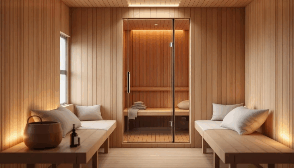 Modern wooden sauna interior with benches, cushions, and warm lighting, creating a relaxing spa atmosphere.